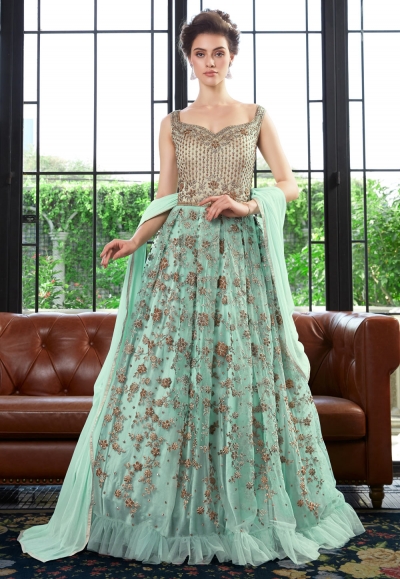 Sea green net embroidered floor length anarkali suit  4531